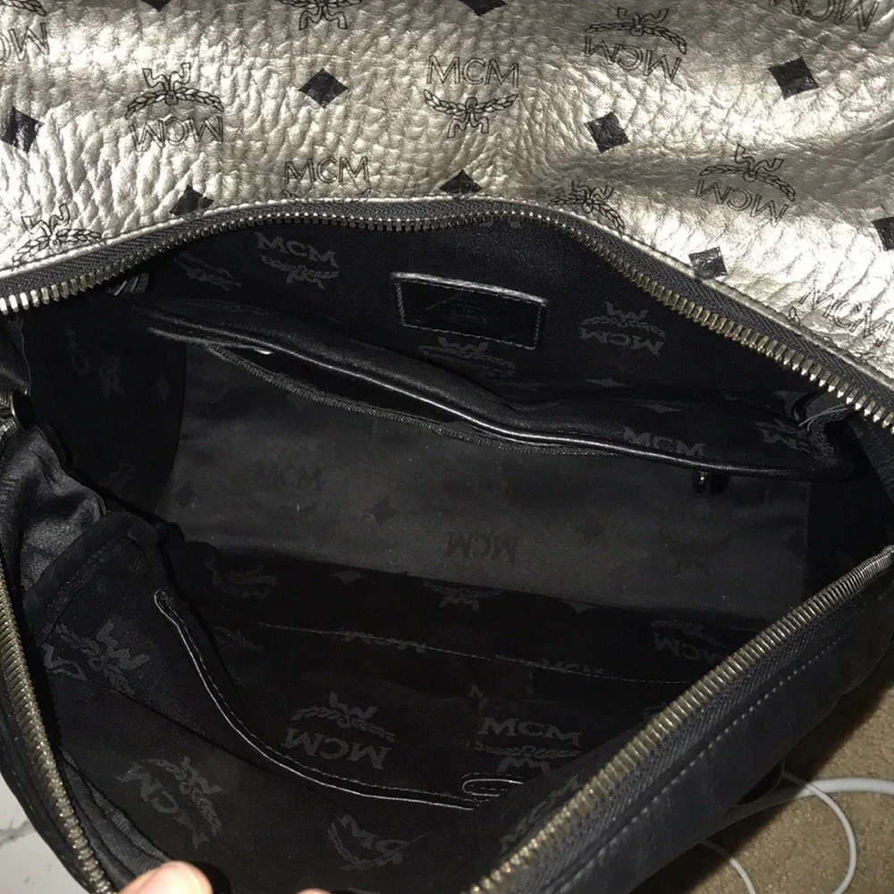 MCM Metallic Silver Logo-Print Backpack